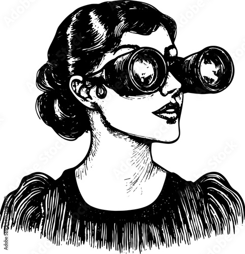 lady with theater glasses binoculars sketch engraving vector illustration. T-shirt apparel print design. Scratch board imitation. Black and white hand drawn image.