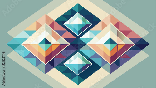 Abstract geometric composition with colorful triangles and diamond shapes on a background