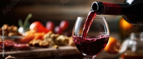 The elegant pouring of red wine into a glass amidst gourmet appetizers.