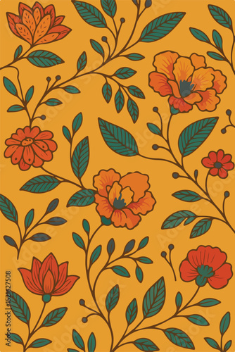 A seamless floral pattern featuring radiant orange blooms, teal leaves, and dark berry accents on a warm ochre background, evoking timeless elegance.