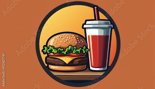 Circular vector logo with a stylized burger and drink cup side by side, bold lines and clear shapes for casual food and beverage 