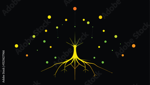 Abstract glowing tree roots network design with colorful spheres on a dark background