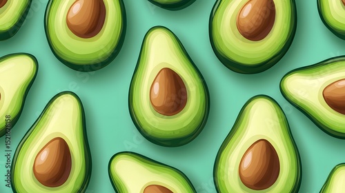 Seamless pattern of fresh avocado halves with pits on a vibrant teal background