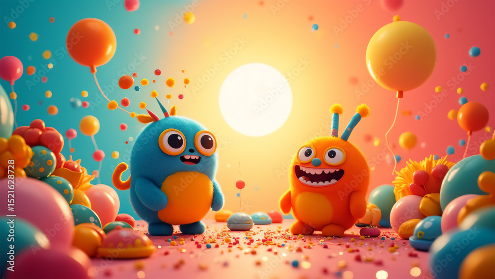 Two brightly colored cartoon characters are enjoying a celebration with balloons and confetti Two brightly colored cartoon characters are enjoying a celebration with balloons and confetti