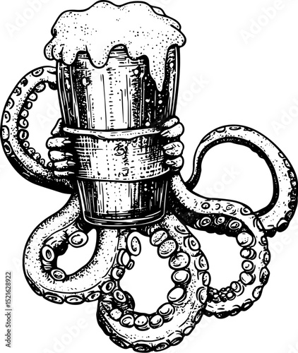 Octopus tentacle holding glass of beer sketch engraving vector illustration. T-shirt apparel print design. Scratch board imitation. Black and white hand drawn image.