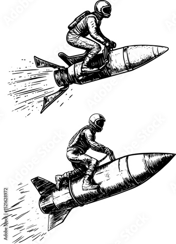 rider jockey riding military rocket sketch engraving vector illustration. T-shirt apparel print design. Scratch board imitation. Black and white hand drawn image.