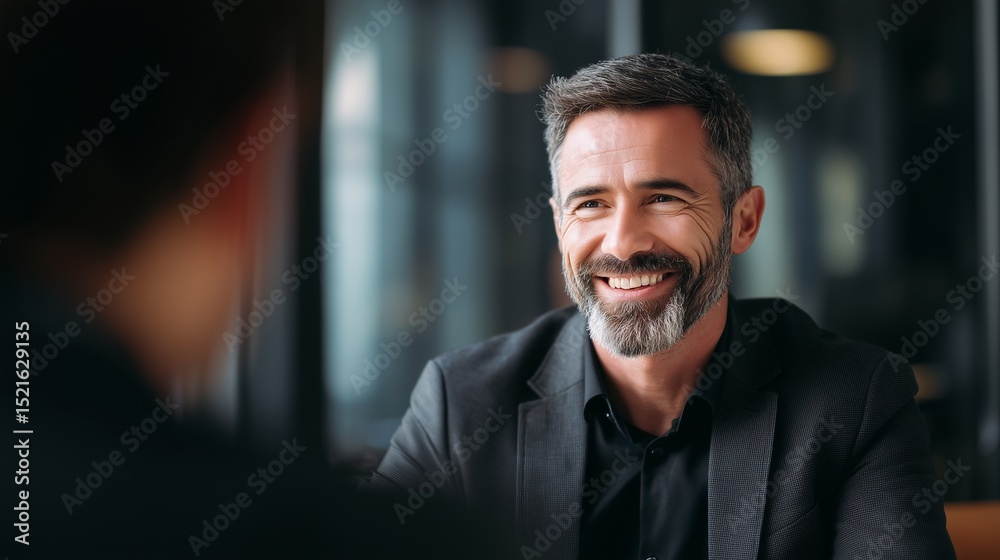 Fototapeta premium Confident businessman in formal suit smiling and having meeting with collegue 