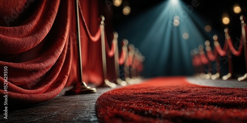 Red carpet event setup with elegant drapery and dramatic lighting in a glamorous venue