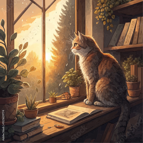 Tabby Cat Serene Gazing Winter Beauty Snowy Sunset Window