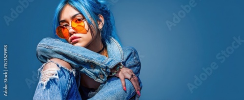 The stylish model with blue hair and sunglasses in casual denim attire. photo