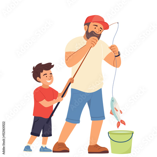 Happy father and son fishing together. Smiling bearded dad holding rod with fish, cheerful boy helping him. Family outdoor recreation. Vector illustration for Father's Day card design, poster, banner