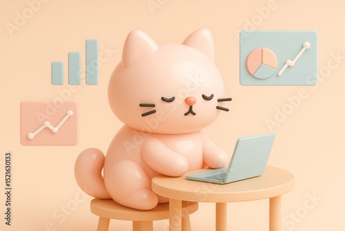 Adorable 3D cartoon cat sits at a desk with a laptop, surrounded by colorful graphs and charts. A playful take on business, analytics, or remote work in kawaii style.