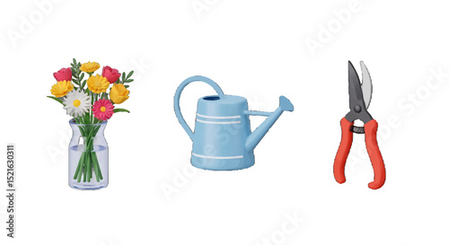 Colorful Flower Bouquet Watering Can and Pruning Shears Set
