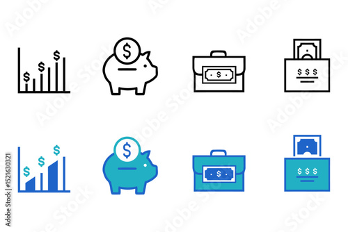 Investment editable solid line vector icons. Icons related to economy, financial growth, investment, Profit, Asset, Investor, Portfolio, Dividend, Capital, Risk, Inflation and more. 