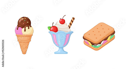 Colorful Ice Cream Cone Sundae and Ice Cream Sandwich Illustration