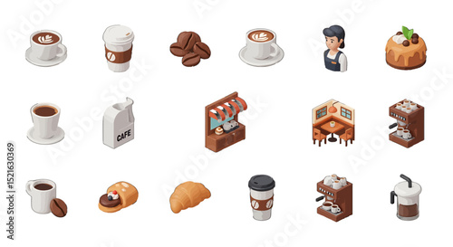 Colorful 3D Isometric Cafe Scene with Coffee Treats and Barista