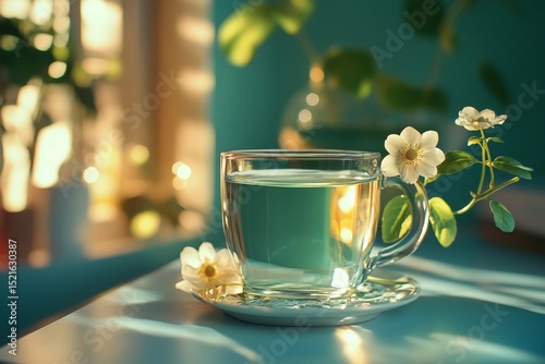 Glass Teacup with Water, White Flowers, Saucer, and Natural Light on a Blue Table.