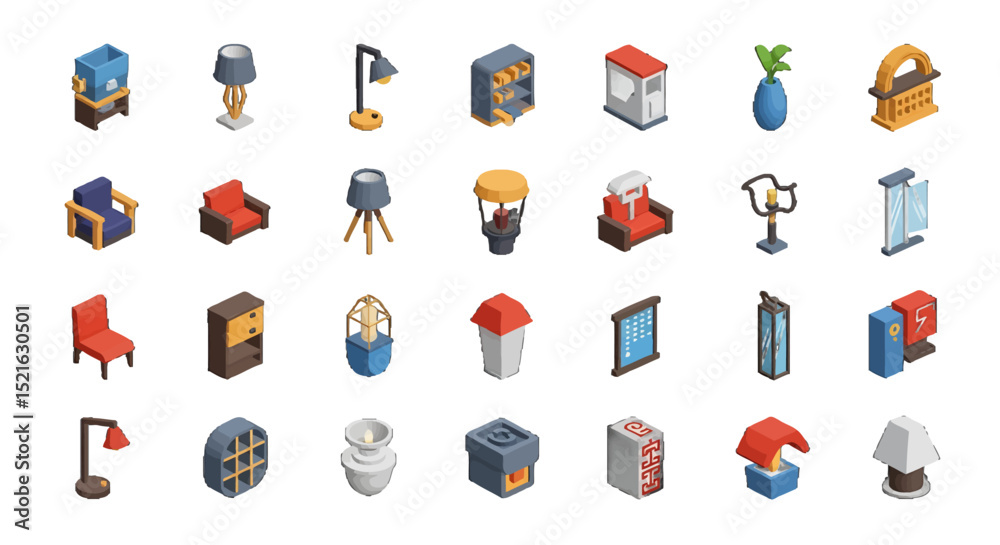 Fototapeta premium Colorful 3D Isometric Illustrations of Various Home Furnishings and Decor Items