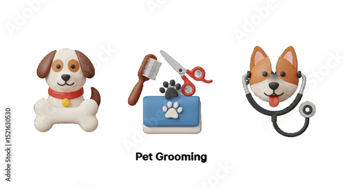 Cute Cartoon Dogs with Pet Grooming Supplies