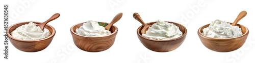 A collection of Greek yogurt in wooden bowls with spoons isolated on a transparent background