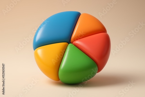 A 3D multicolor pie chart with five glossy segments arranged in a full circle, symbolizing data analysis and modern design.