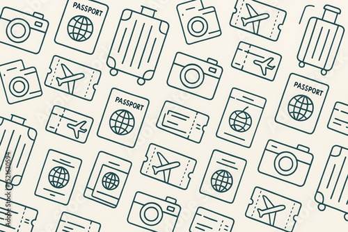 Seamless pattern with travel icons like passport, ticket, camera, and suitcase. Perfect for tourism, planning, and vacation visuals.