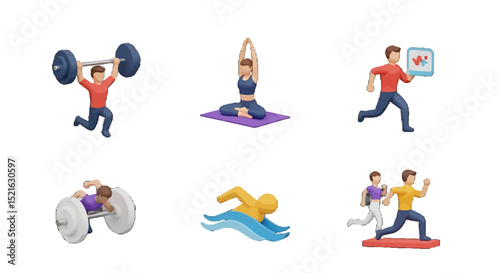 Diverse Fitness Activities Depicted in Colorful Stylized ThreeDimensional Illustrations
