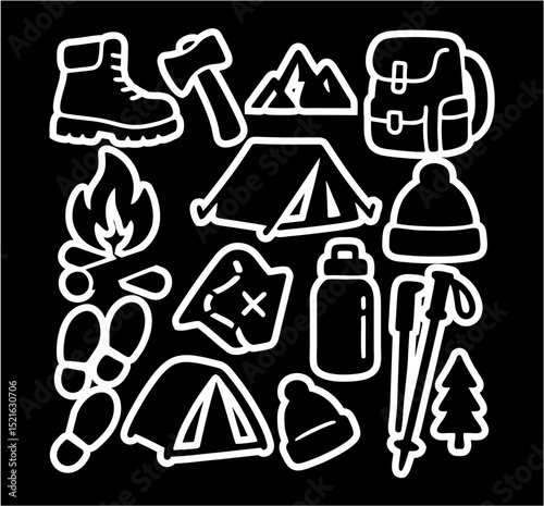 sticker outdoor adventure camping hiking climbing fishing gear set icon template logo