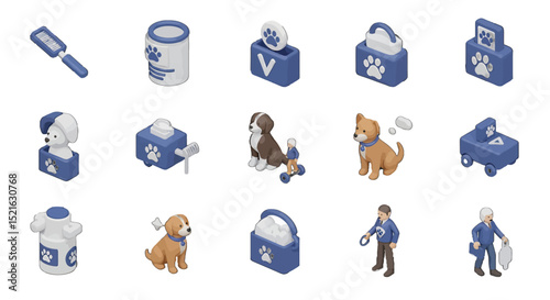 3D Isometric 3D Dog Care vector icons sets Grooming Food Vet Visit and More
