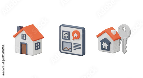 3D Isometric 3D Render of House vector icons sets Key and Real Estate Report