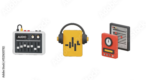 3D Isometric 3D Render of Audio Mixer Headphones and Music Editor