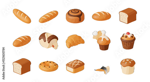 3D Isometric Bakery Assortment Breads Cinnamon Roll Croissant and Decorated Cupcakes