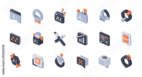 3D Isometric AI Technology vector icons sets Collection Data Analysis Processing and Network Visualization