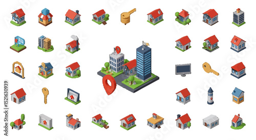 3D Isometric City vector icons sets Diverse Buildings Keys and Location Markers for Real Estate
