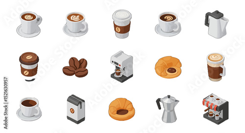 3D Isometric Coffee Collection Cups Beans Machines and Pastries