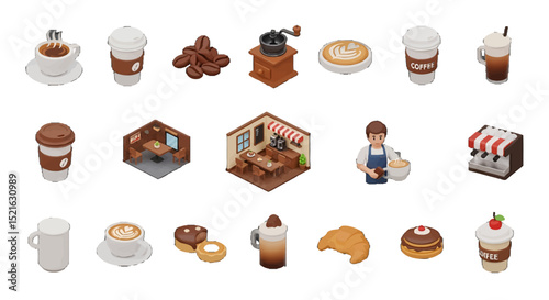 3D Isometric Coffee Shop Elements Cups Beans Grinder Pastries and Barista
