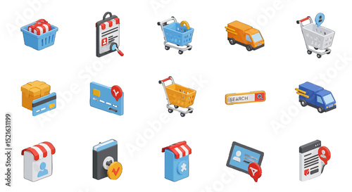 3D Isometric ECommerce vector icons sets Shopping Basket Delivery Truck and Online Storefronts