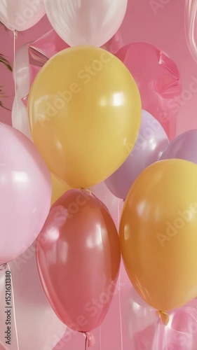 Pastel party decoration: Pink, yellow, white, and clear floating balloons against a matching solid pink backdrop creates festive and colorful celebrations.