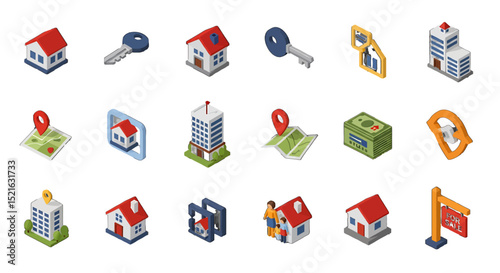 3D Isometric Real Estate vector icons sets Houses Keys Map Family and For Sale Sign