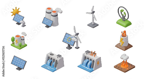 3D Isometric Renewable and NonRenewable Energy Sources Solar Wind Hydro Nuclear Geothermal and Fossil Fuels
