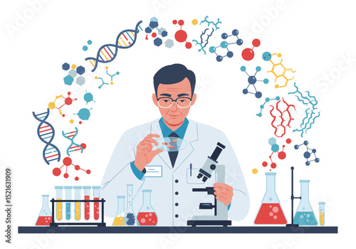 Flat vector of scientist in lab coat working with microscope and test tubes