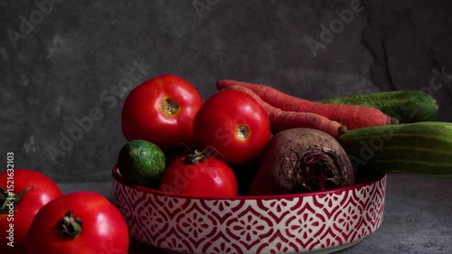 Beetroot, tomato, and cucumber in a bowl against a grey backdrop
