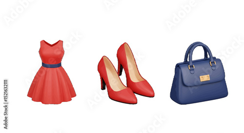 Red dress with blue belt red high heels and blue handbag fashion set