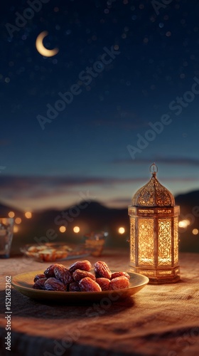 Evening Gathering With Traditional Sweets and Lantern Against a Starry Sky