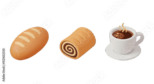 Stylized Loaf Chocolate Roll and Steaming Coffee Cup with Cookie