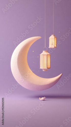 Moon and Lanterns Create a Serene Nighttime Ambiance in a Purple Setting