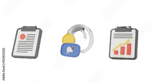 Threedimensional clipboards with data dislike vector icons set and circular connection