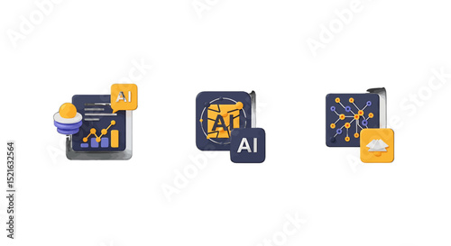 Threedimensional AI vector icons sets Depicting Data Analysis Machine Learning and Networks