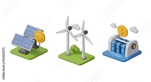 ThreeDimensional Renewable Energy Sources Solar Panels Wind Turbines and Hydroelectric Dam