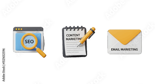 3D Render of SEO Content and Email Marketing vector icons sets